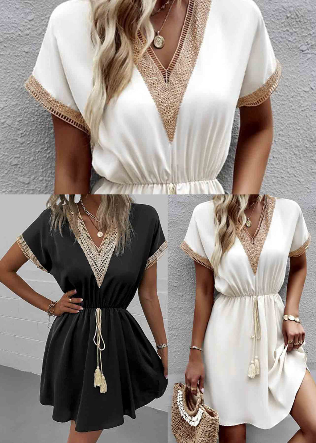 Lace Summer White French Dress Cinched Patchwork Mini