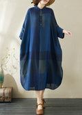 Plaid Dark Loose Stand Blue Side Dresses Collar Open Long