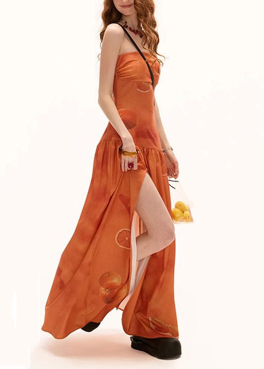 Side Open Maxi Orange Print Cotton Dresses New Wrinkled