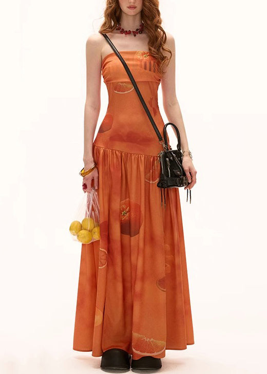 Side Open Maxi Orange Print Cotton Dresses New Wrinkled