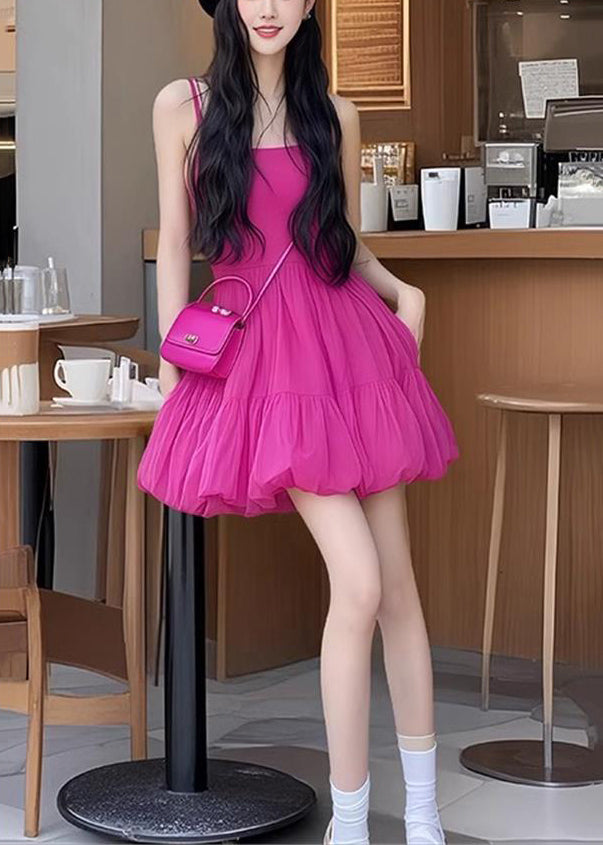 Rose New Wrinkled Strap Sleeveless Solid Dress Spaghetti Cotton