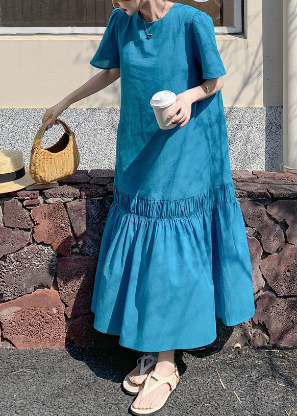 Long Out Patchwork Ruffled Summer Novelty Blue Hollow Dress Solid