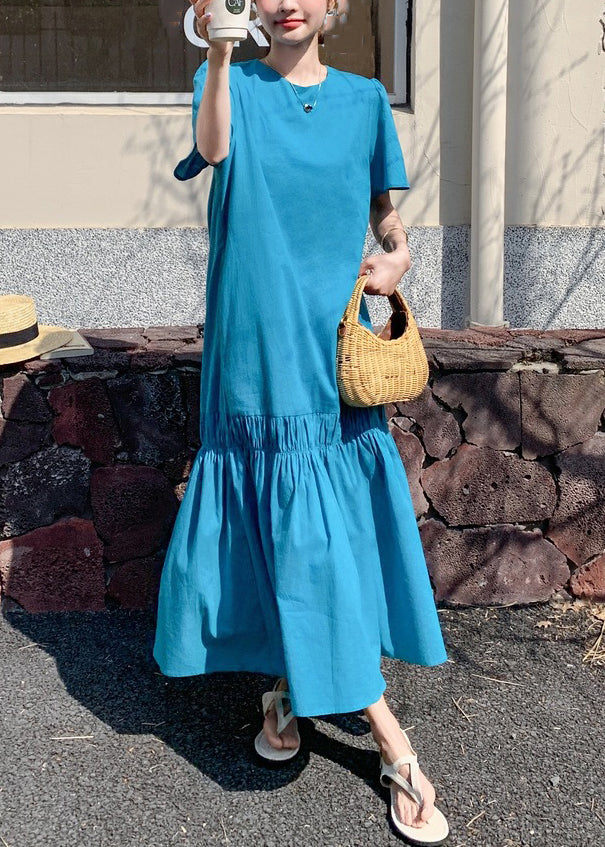 Long Out Patchwork Ruffled Summer Novelty Blue Hollow Dress Solid