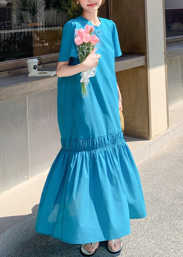 Long Out Patchwork Ruffled Summer Novelty Blue Hollow Dress Solid