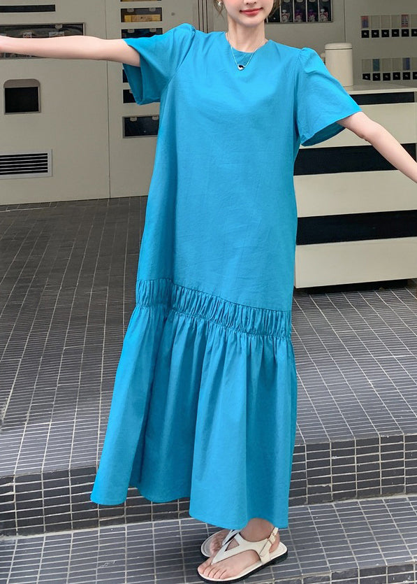Long Out Patchwork Ruffled Summer Novelty Blue Hollow Dress Solid