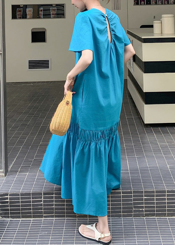 Long Out Patchwork Ruffled Summer Novelty Blue Hollow Dress Solid
