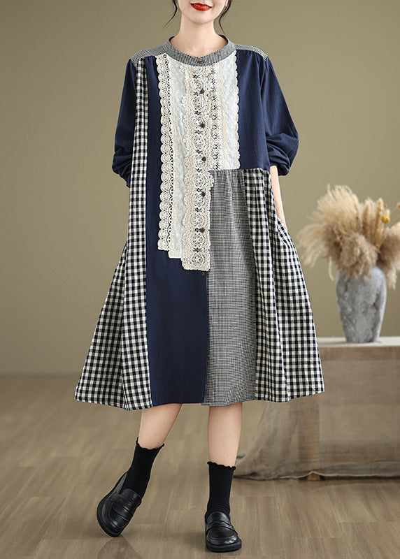 O-Neck Fall Plaid Patchwork Original Dresses Long Lace
