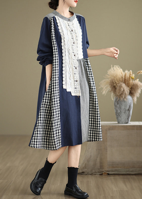 O-Neck Fall Plaid Patchwork Original Dresses Long Lace