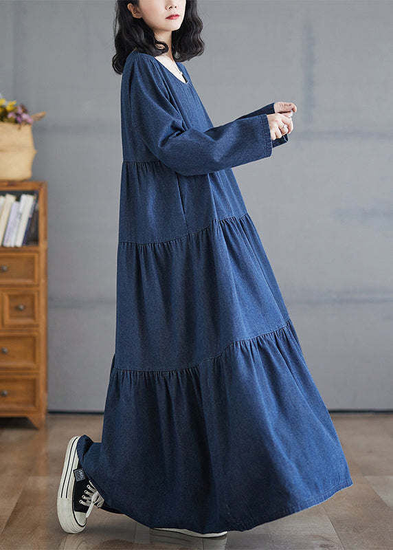 Patchwork Denim Fall Blue Size Long Dresses Plus O-Neck Wrinkled