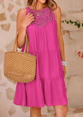 Patchwork Cotton Rose Dress Hollow Out Sleeveless Mini