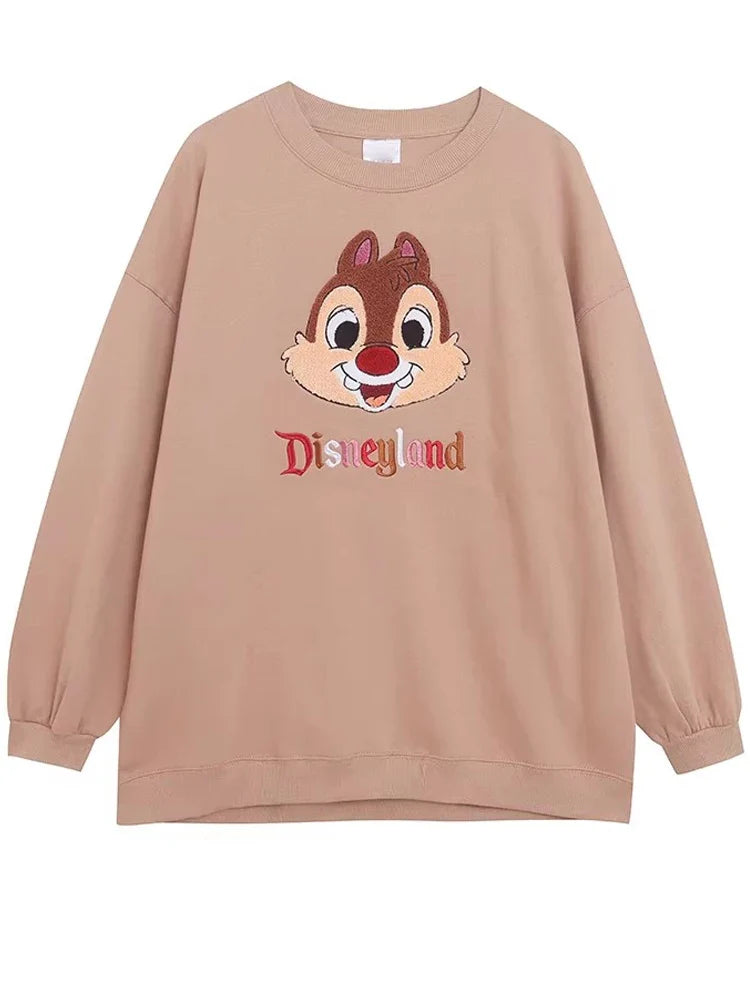 Mouse Chip An' Dale Cartoon Print Embroidery Fleece Sweatshirt New Women O-Neck Pullover Jumper Tops