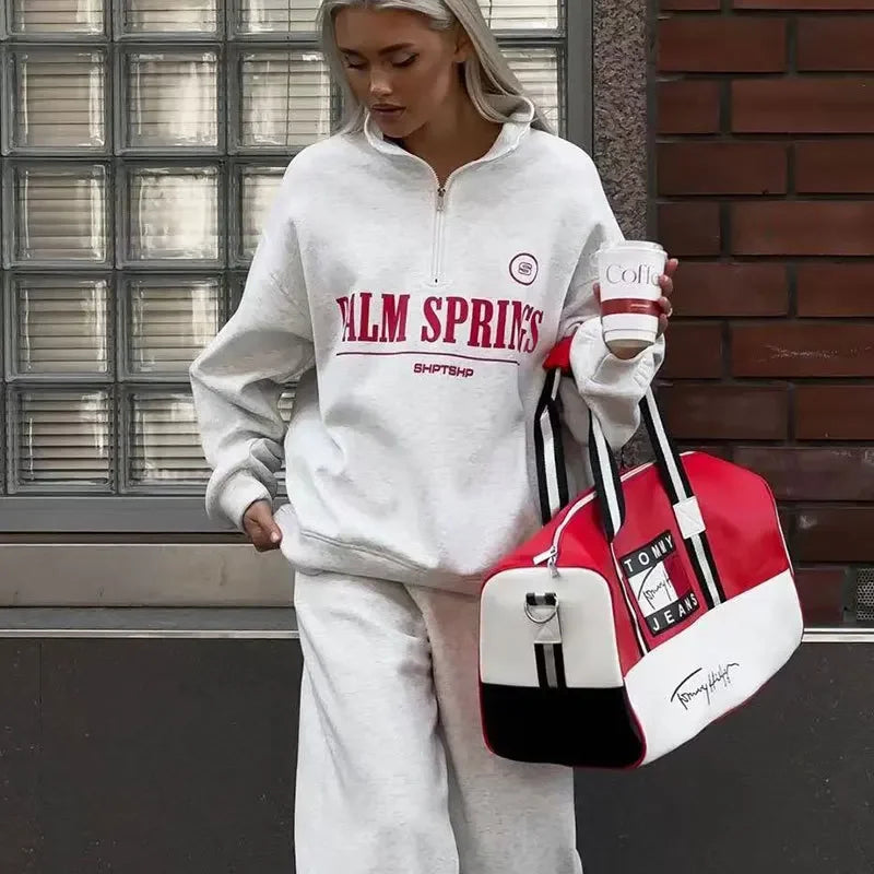 Spring Hoodies Women Letter Print Sweatshirt Hoodie Red Turtleneck Half Zipper Collar Pullover Tops K Pop Clothes Y2k