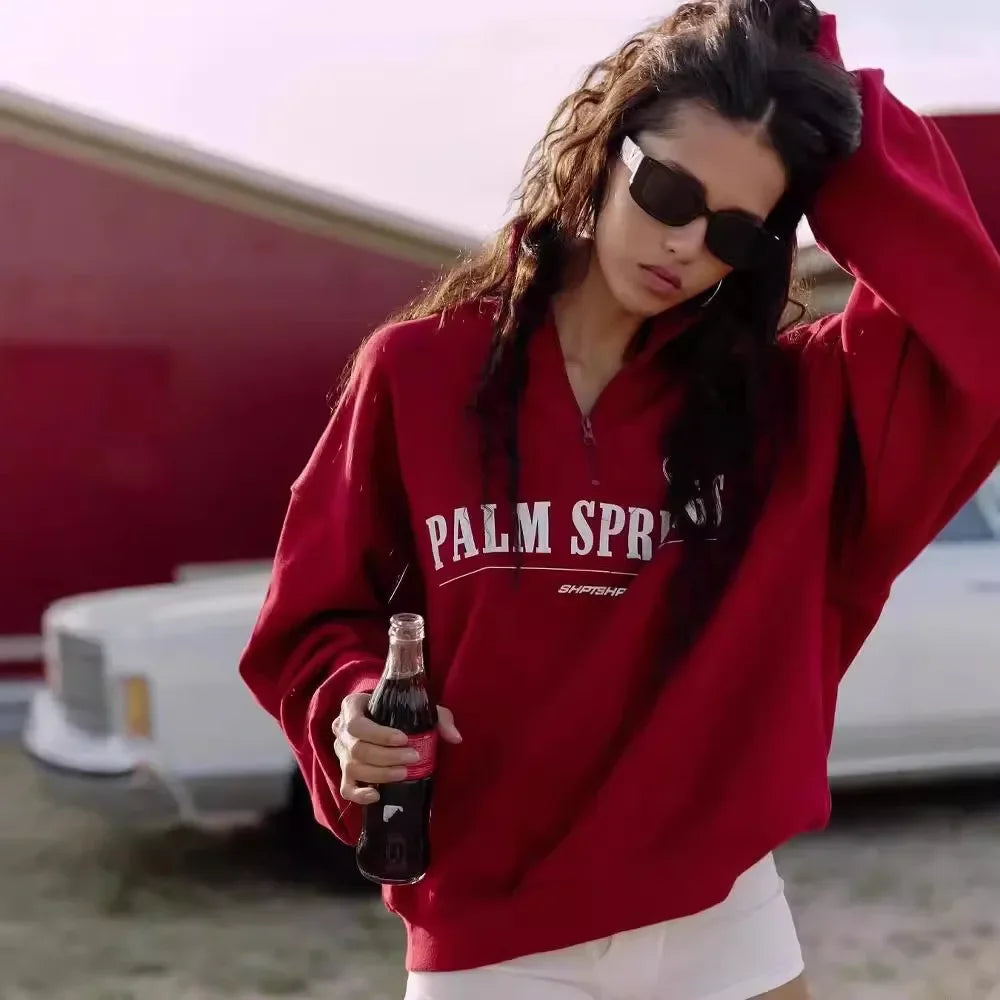 Spring Hoodies Women Letter Print Sweatshirt Hoodie Red Turtleneck Half Zipper Collar Pullover Tops K Pop Clothes Y2k