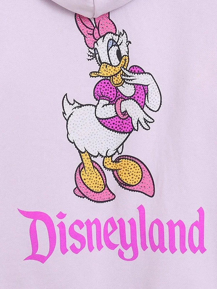 Donald Duck Letter Diamonds Fleece Sweatshirt Jacket Unisex Women Hooded Zip Up Jumper Tops