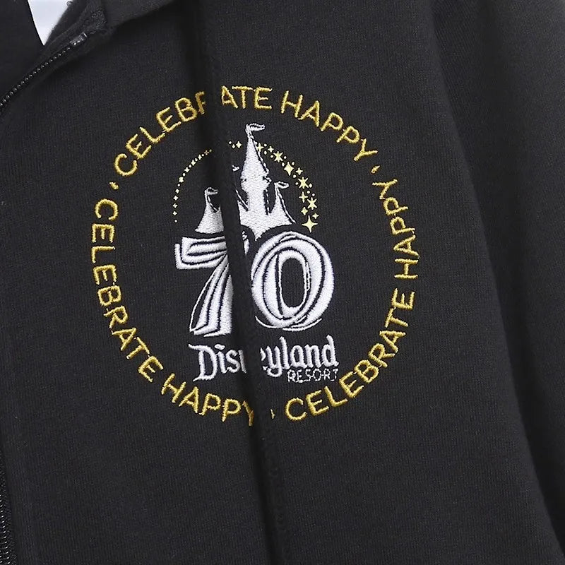 70th Anniversary Castle Mickey Mouse Family Letter Embroidery Fleece Sweatshirt Unisex Women Hooded Zipper Jumper Top