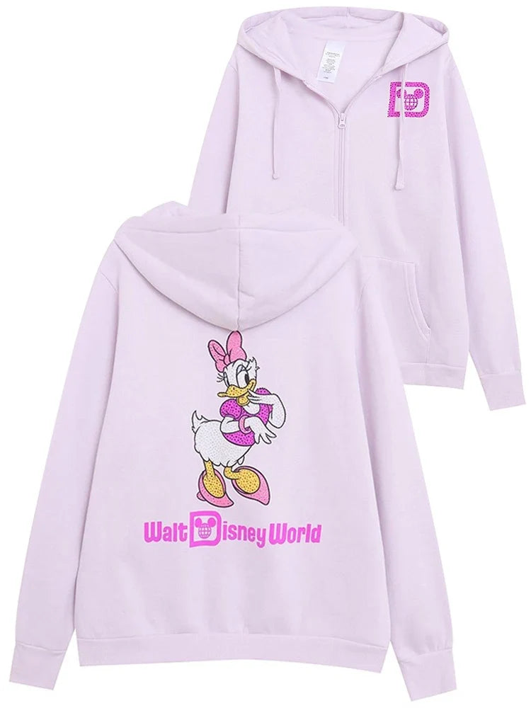 Donald Duck Letter Diamonds Fleece Sweatshirt Jacket Unisex Women Hooded Zip Up Jumper Tops