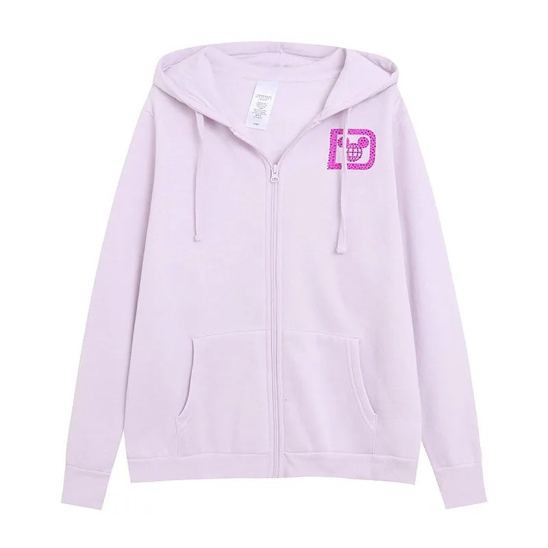 Donald Duck Letter Diamonds Fleece Sweatshirt Jacket Unisex Women Hooded Zip Up Jumper Tops