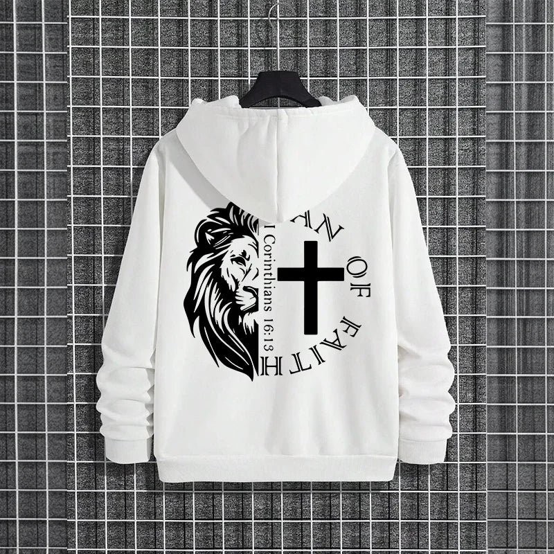 Hoodies 2026 Fall Winter Hooded Long Sleeve Sweatshirts Man Of Faith Lion Print Hoody Outerwear