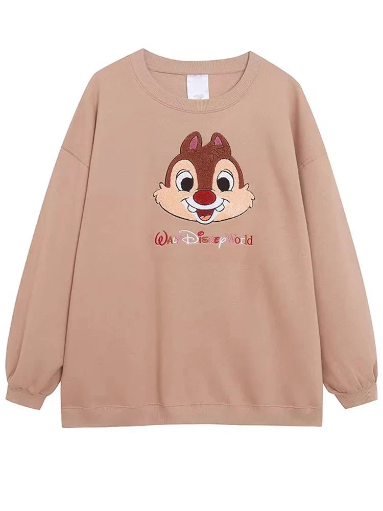 Mouse Chip An' Dale Cartoon Print Embroidery Fleece Sweatshirt New Women O-Neck Pullover Jumper Tops