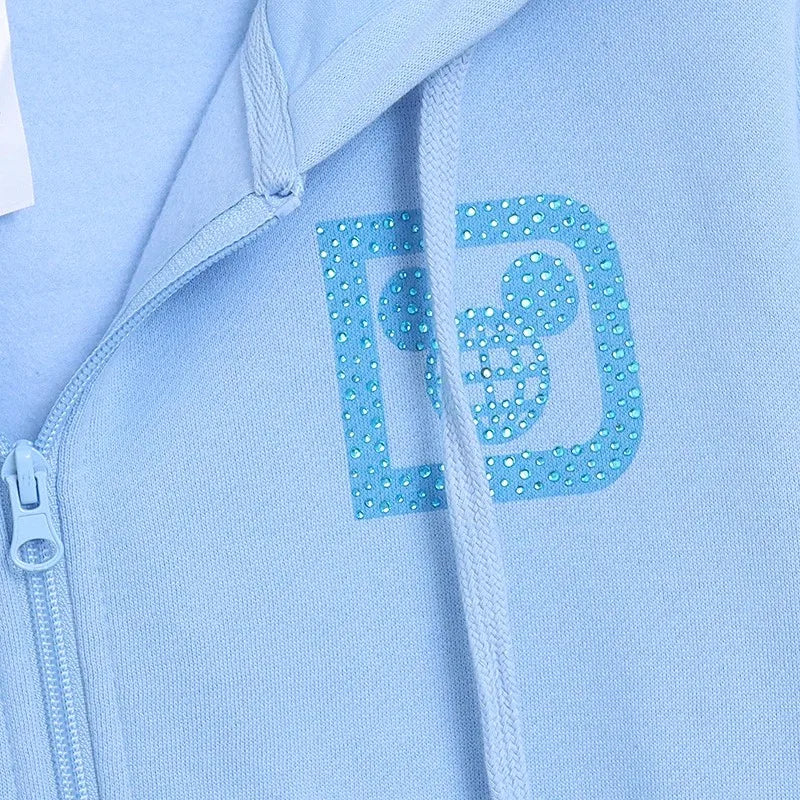 Donald Duck Letter Diamonds Fleece Sweatshirt Jacket Unisex Women Hooded Zip Up Jumper Tops
