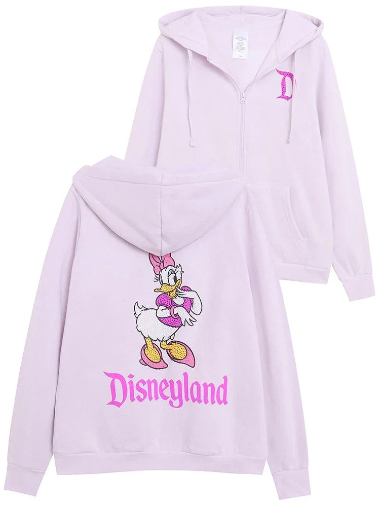Donald Duck Letter Diamonds Fleece Sweatshirt Jacket Unisex Women Hooded Zip Up Jumper Tops