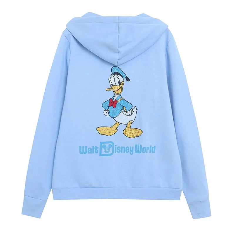 Donald Duck Letter Diamonds Fleece Sweatshirt Jacket Unisex Women Hooded Zip Up Jumper Tops