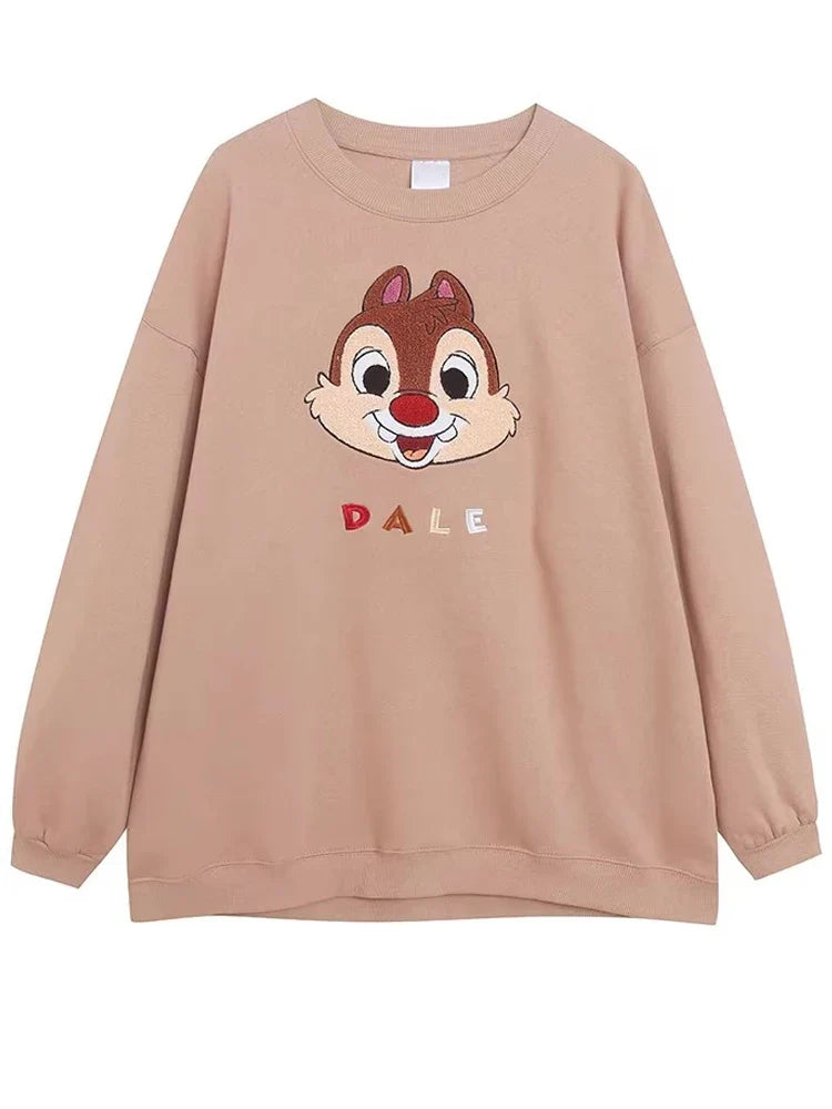 Mouse Chip An' Dale Cartoon Print Embroidery Fleece Sweatshirt New Women O-Neck Pullover Jumper Tops