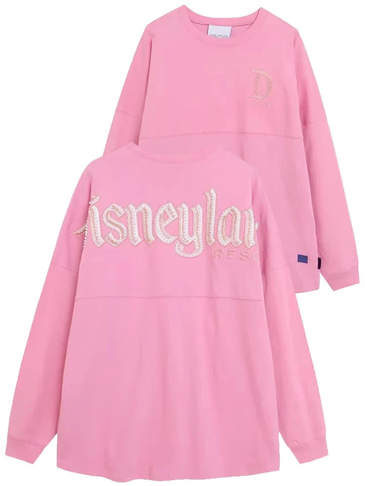 Cartoon Print Embroidery Flares Pearl Pink Sweatshirt Sweet Women Long Sleeve Loose Jumper Tops Female