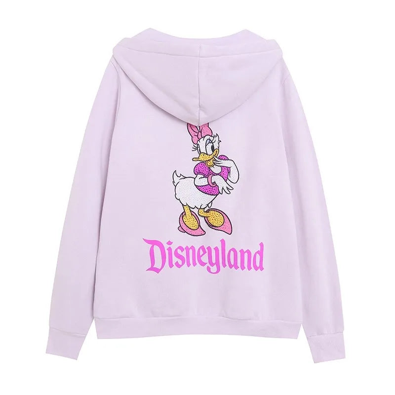 Donald Duck Letter Diamonds Fleece Sweatshirt Jacket Unisex Women Hooded Zip Up Jumper Tops