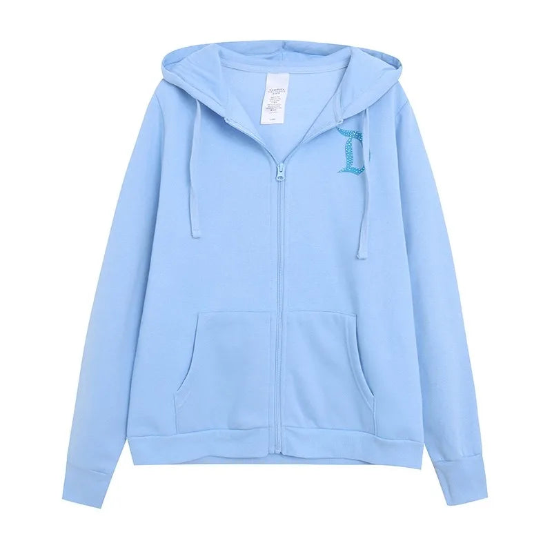 Donald Duck Letter Diamonds Fleece Sweatshirt Jacket Unisex Women Hooded Zip Up Jumper Tops
