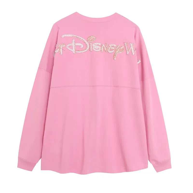 Cartoon Print Embroidery Flares Pearl Pink Sweatshirt Sweet Women Long Sleeve Loose Jumper Tops Female