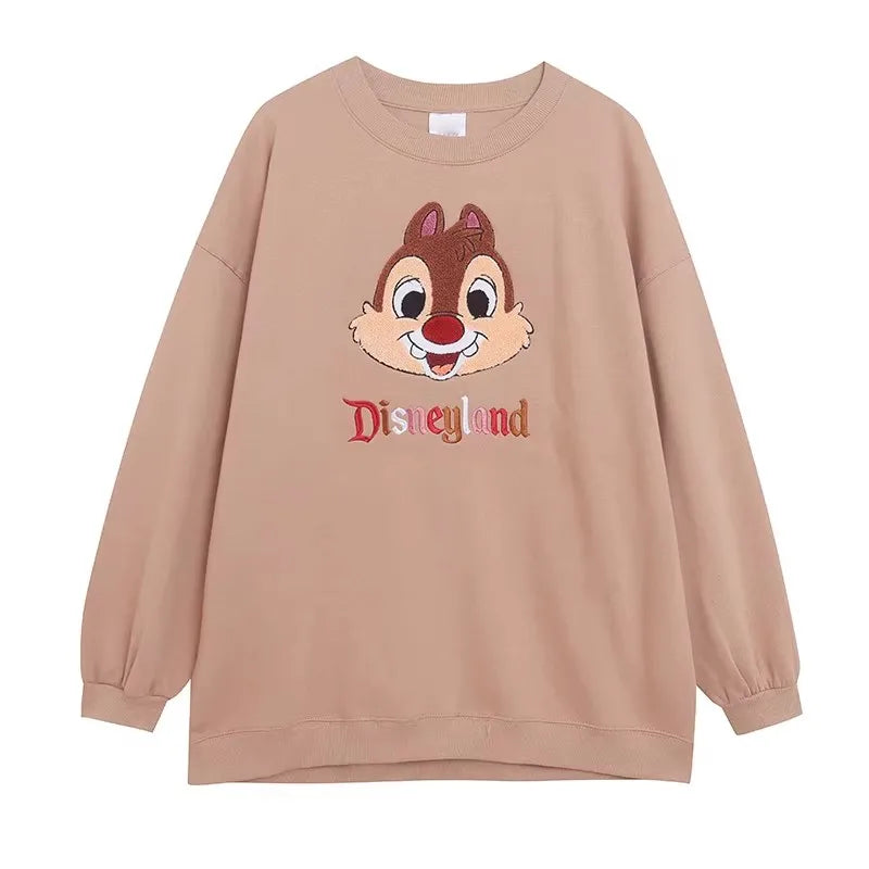 Mouse Chip An' Dale Cartoon Print Embroidery Fleece Sweatshirt New Women O-Neck Pullover Jumper Tops