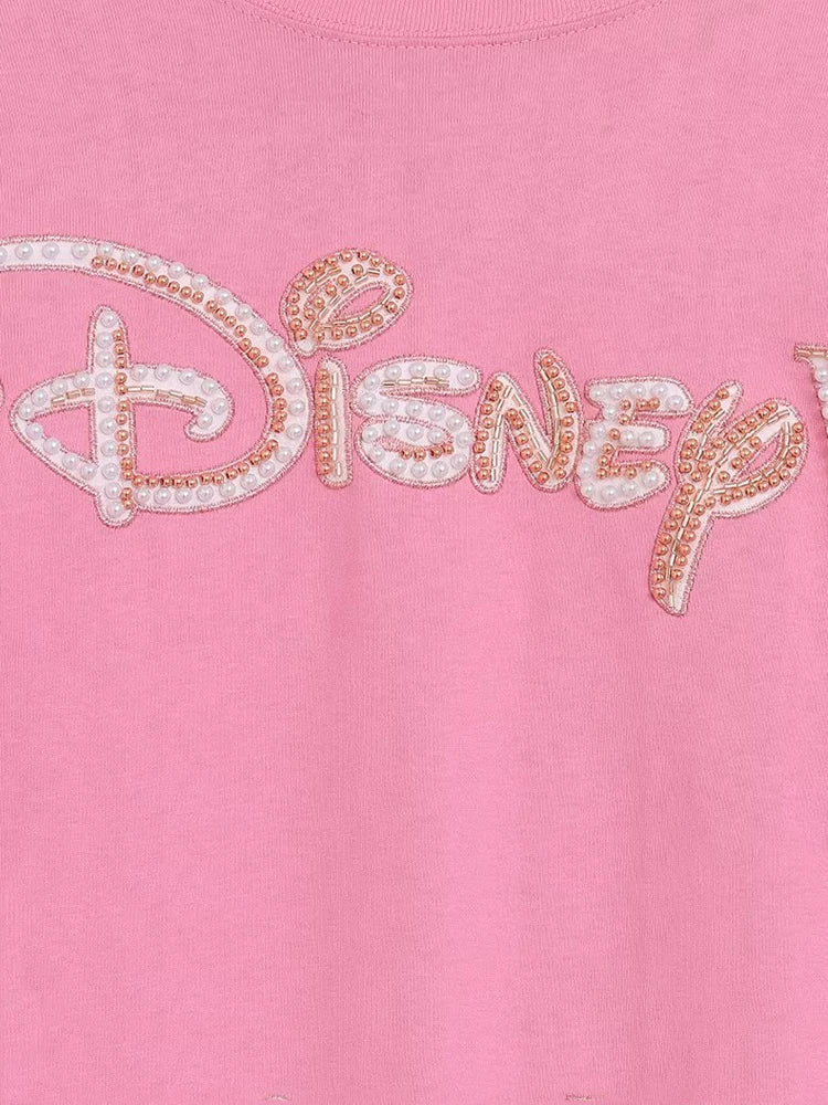 Cartoon Print Embroidery Flares Pearl Pink Sweatshirt Sweet Women Long Sleeve Loose Jumper Tops Female