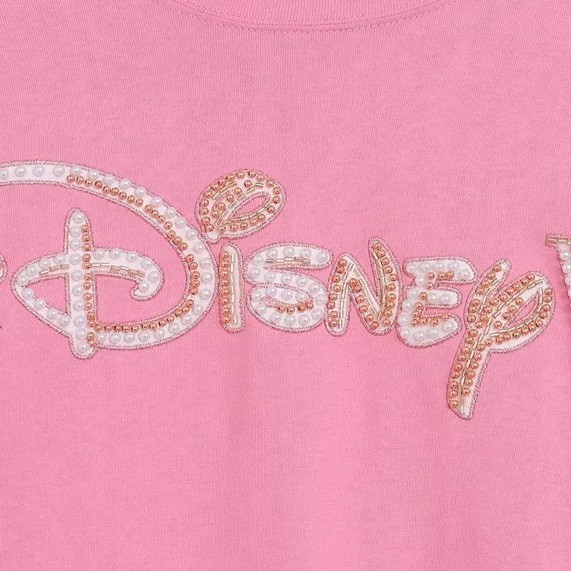 Cartoon Print Embroidery Flares Pearl Pink Sweatshirt Sweet Women Long Sleeve Loose Jumper Tops Female