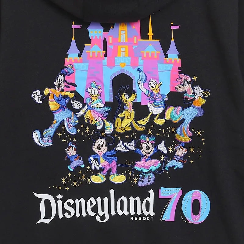 70th Anniversary Castle Mickey Mouse Family Letter Embroidery Fleece Sweatshirt Unisex Women Hooded Zipper Jumper Top
