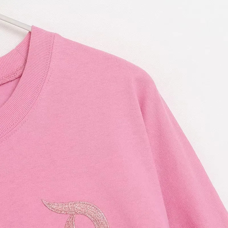 Cartoon Print Embroidery Flares Pearl Pink Sweatshirt Sweet Women Long Sleeve Loose Jumper Tops Female