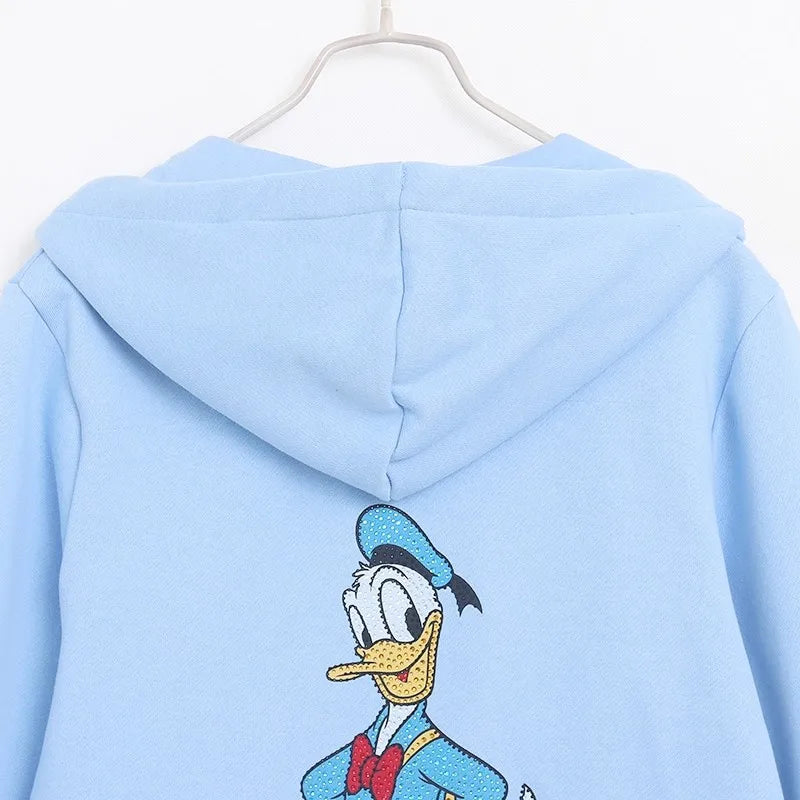 Donald Duck Letter Diamonds Fleece Sweatshirt Jacket Unisex Women Hooded Zip Up Jumper Tops