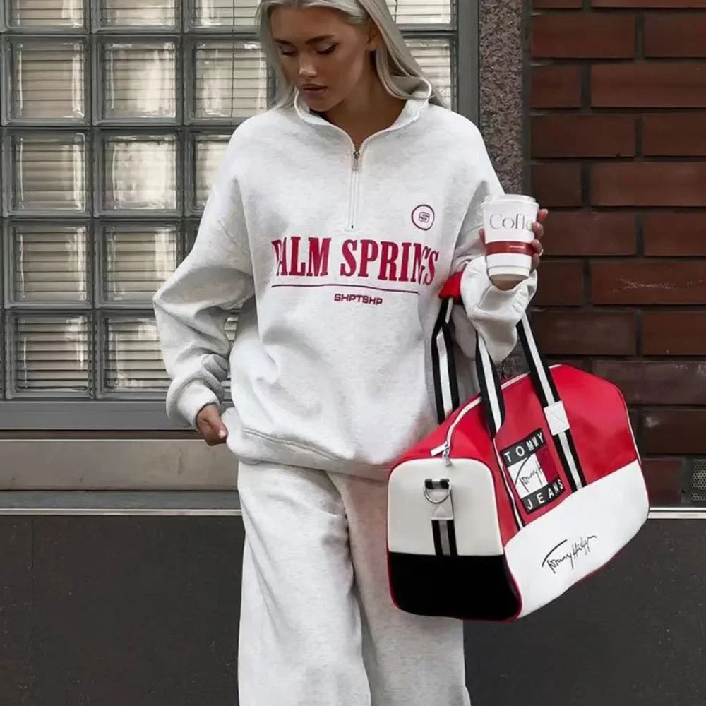 Spring Hoodies Women Letter Print Sweatshirt Hoodie Red Turtleneck Half Zipper Collar Pullover Tops K Pop Clothes Y2k