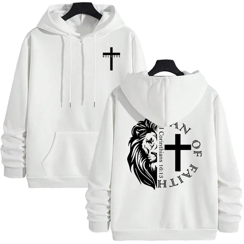 Hoodies 2026 Fall Winter Hooded Long Sleeve Sweatshirts Man Of Faith Lion Print Hoody Outerwear