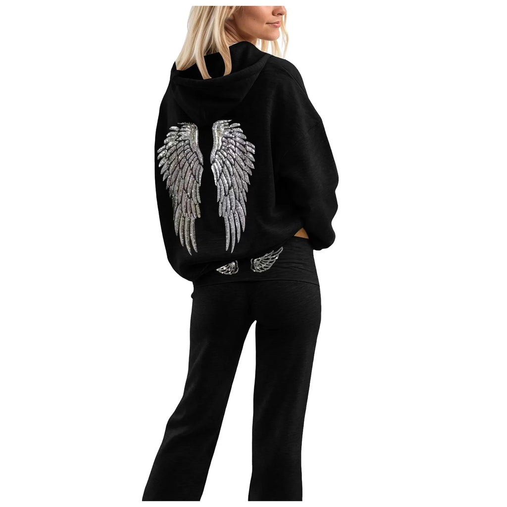 Glitter Angel Wings Printed Hoodies Women Streetwear Loose Long Sleeve White Pullover Fashion Y2k Harajuku Casual Sweatshirts