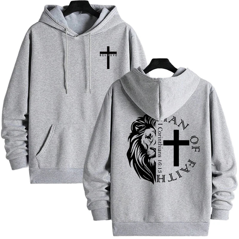 Hoodies 2026 Fall Winter Hooded Long Sleeve Sweatshirts Man Of Faith Lion Print Hoody Outerwear