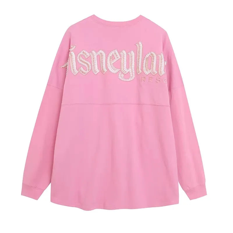 Cartoon Print Embroidery Flares Pearl Pink Sweatshirt Sweet Women Long Sleeve Loose Jumper Tops Female