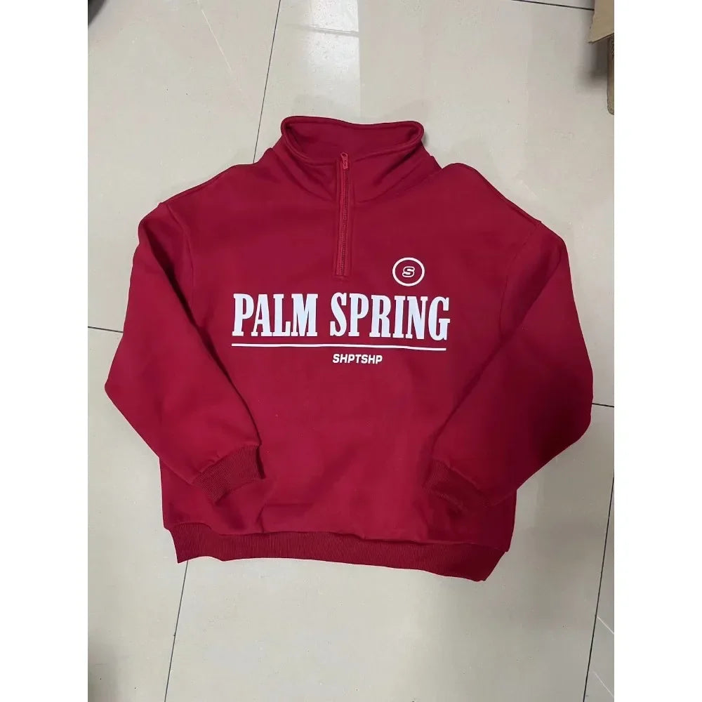 Spring Hoodies Women Letter Print Sweatshirt Hoodie Red Turtleneck Half Zipper Collar Pullover Tops K Pop Clothes Y2k