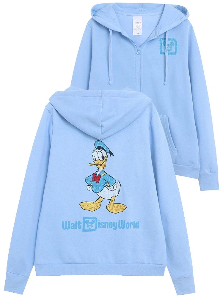 Donald Duck Letter Diamonds Fleece Sweatshirt Jacket Unisex Women Hooded Zip Up Jumper Tops