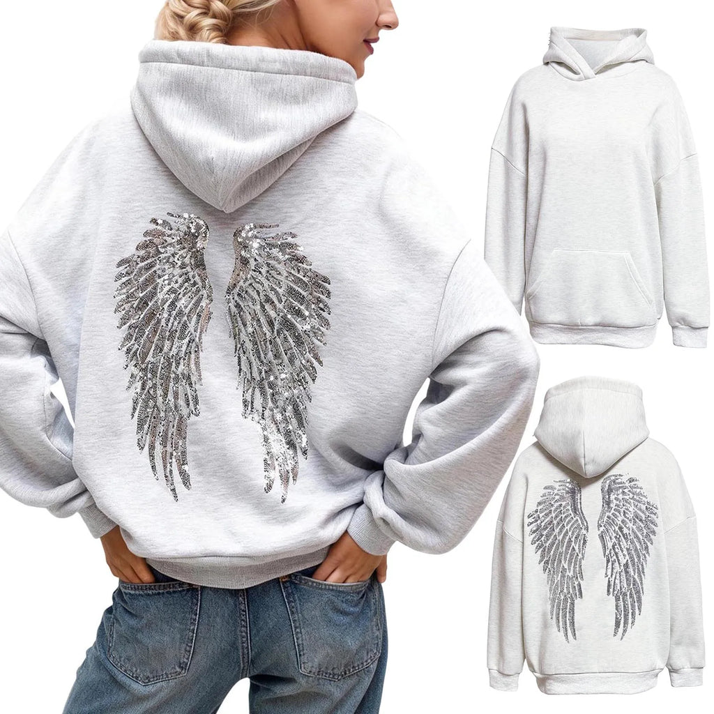 Glitter Angel Wings Printed Hoodies Women Streetwear Loose Long Sleeve White Pullover Fashion Y2k Harajuku Casual Sweatshirts