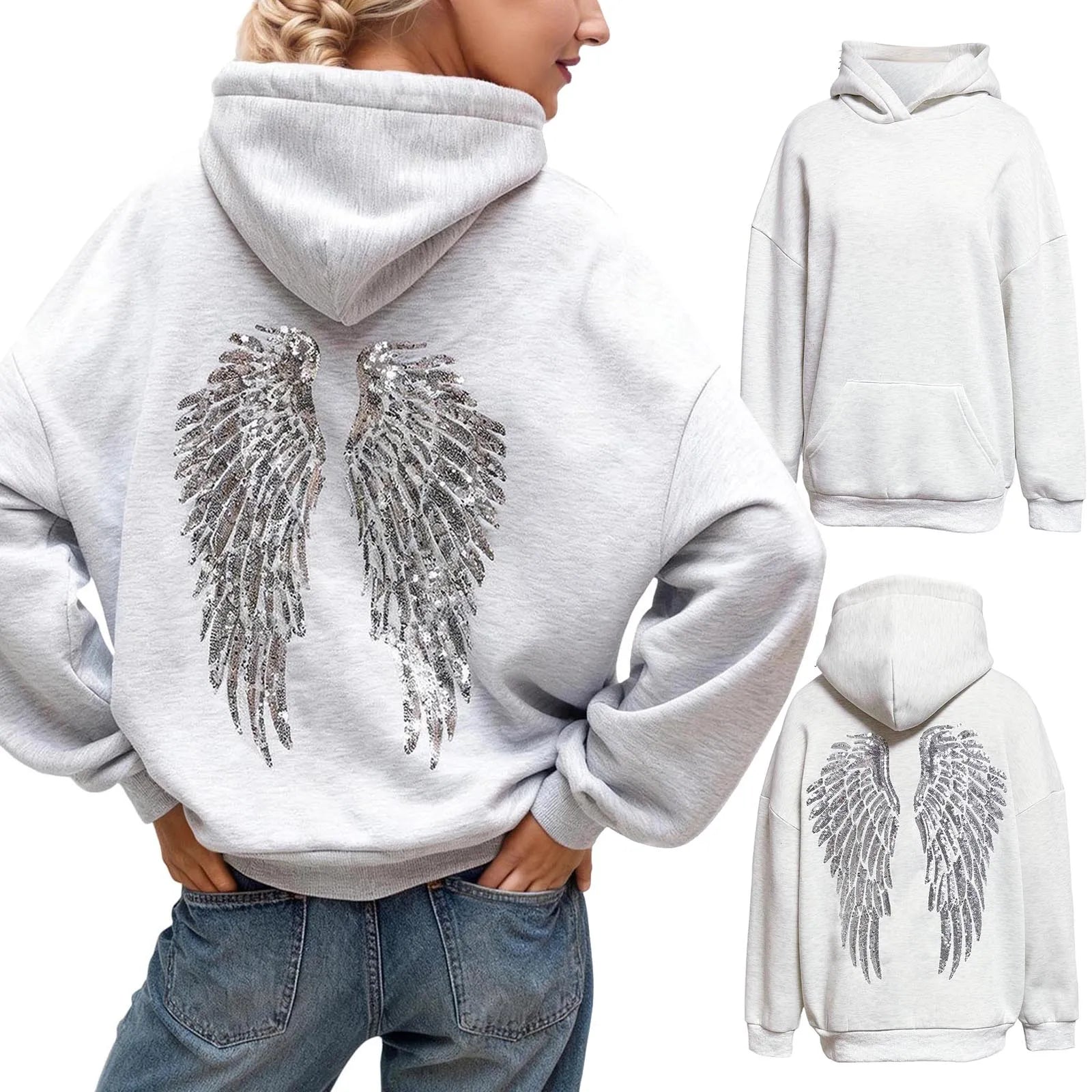 Glitter Angel Wings Printed Hoodies Women Streetwear Loose Long Sleeve White Pullover Fashion Y2k Harajuku Casual Sweatshirts