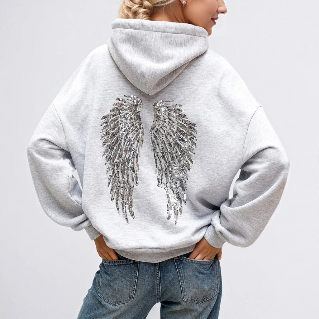 Glitter Angel Wings Printed Hoodies Women Streetwear Loose Long Sleeve White Pullover Fashion Y2k Harajuku Casual Sweatshirts