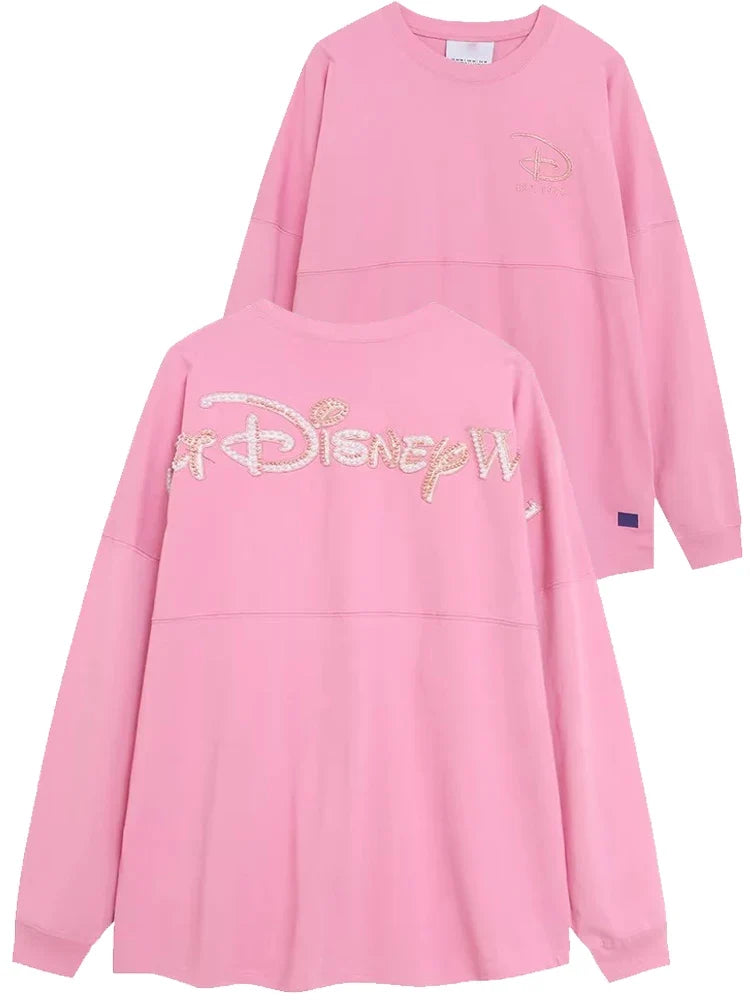 Cartoon Print Embroidery Flares Pearl Pink Sweatshirt Sweet Women Long Sleeve Loose Jumper Tops Female