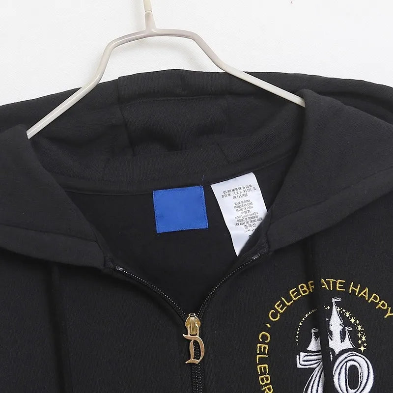 70th Anniversary Castle Mickey Mouse Family Letter Embroidery Fleece Sweatshirt Unisex Women Hooded Zipper Jumper Top