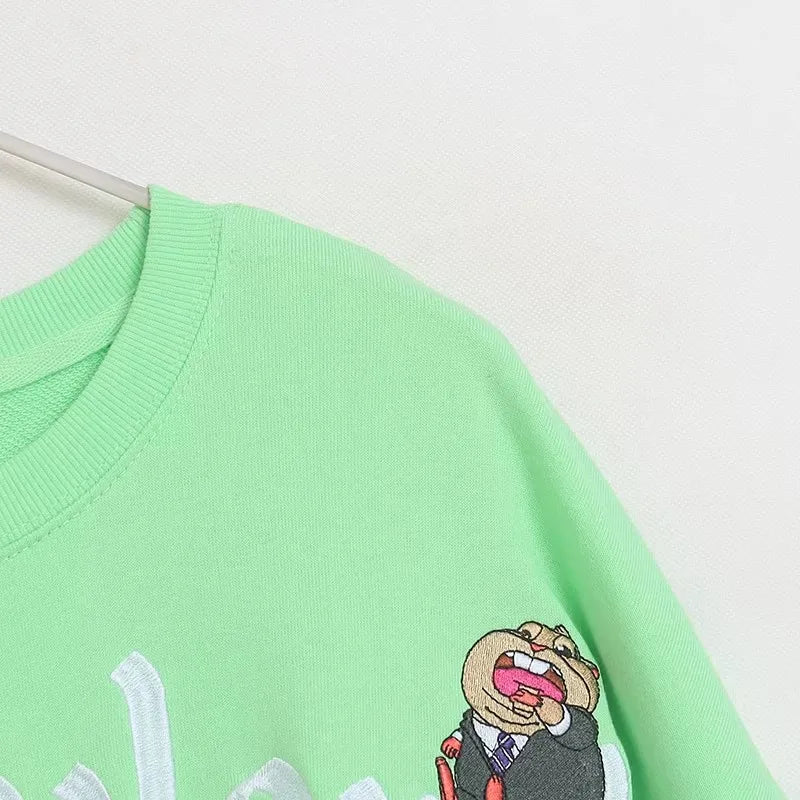 Embroidery Cartoon Print Sweatshirt Women Couple Long Sleeve Pullover Jumper Tops